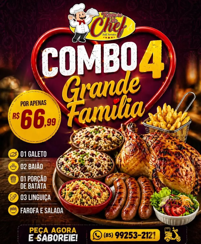 COMBO FAMÍLIA 01GALETO 02BAIÃO 01BATATA 03LINGUIÇAS (FAROFA,SALADA)