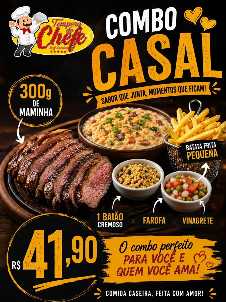 COMBO CASAL 300G MAMINHA + 1 BAIÃO CREMOSO + BATATA FRITA PEQUENA + FAROFA E VINAGRETE