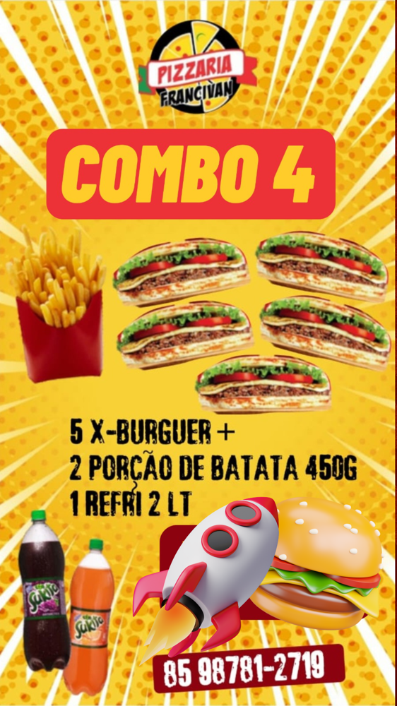 COMBO 05 X-BURUER+02 PORÇÃO DE BATA 450G+REFRI.02L